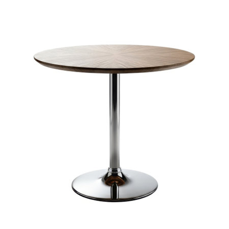 This image features a contemporary round dining table with a light wood top and a shiny chrome pedestal base, presented isolated on a white background.の素材