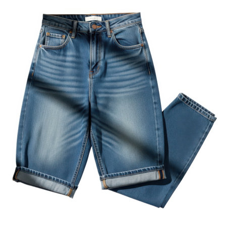 A pair of classic blue denim jeans with a relaxed fit and rolled-up cuffs is displayed. Perfect for casual outfits, these jeans offer comfort and style for everyday wear.の素材