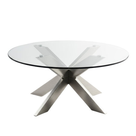 A contemporary dining table featuring a clear glass tabletop and a striking silver metal base with a starburst design, presented isolated on a white background.の素材