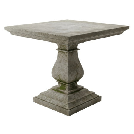A single, weathered stone pedestal table with a square top and decorative base, presented isolated on a plain white background.の素材