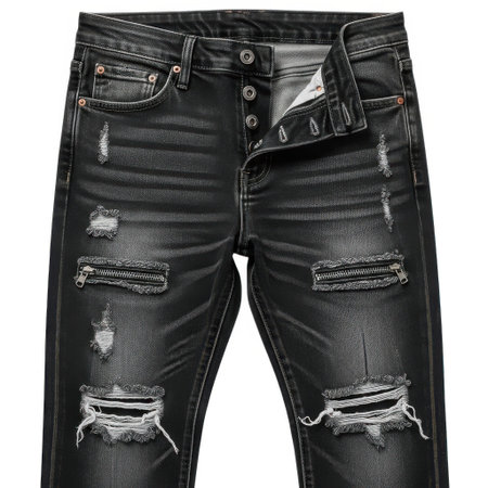 Showcasing a pair of edgy black distressed ripped jeans, perfect for creating a trendy and casual look. These jeans feature modern detailing and a comfortable fit.の素材