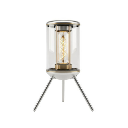 A contemporary lantern-style lamp featuring a clear glass cylinder, exposed filament bulb, and a sleek tripod stand, presented isolated on a white background.の素材