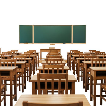 An empty classroom with rows of wooden desks and chairs facing a blackboard, presented isolated on a white background.の素材