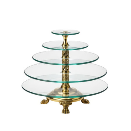 A decorative five-tiered glass serving stand with a detailed brass pedestal base, presented isolated on a pure white background.の素材