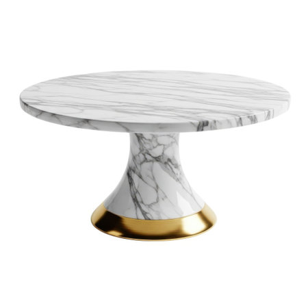 A sophisticated marble cake stand featuring a decorative golden base, perfect for showcasing baked goods on a clean white background.の素材