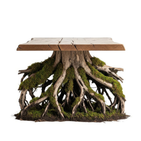 A striking table with a wooden top supported by a base of gnarled tree roots covered in vibrant green moss, presented isolated on a white background.の素材