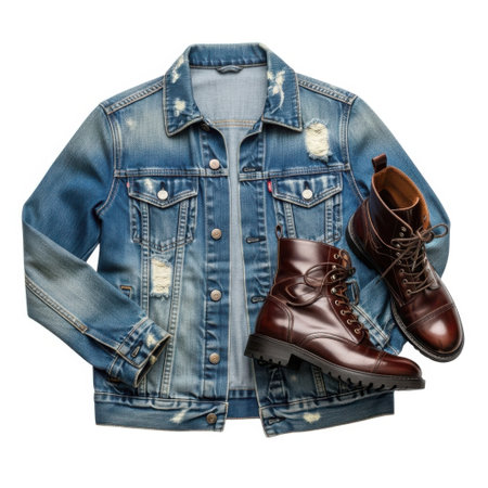A classic distressed denim jacket is presented alongside a pair of rich brown leather combat boots. This ensemble offers a blend of casual ruggedness and timeless style perfect for any fashion-conscious individual.の素材
