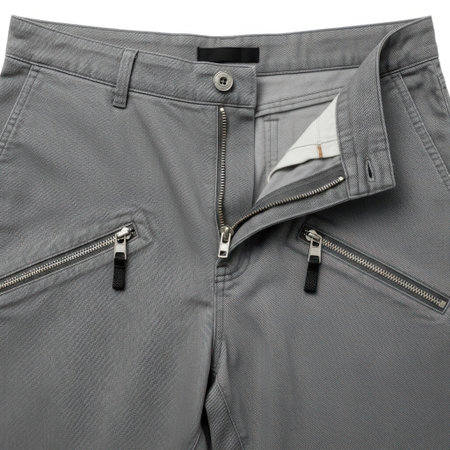 Detailed view of gray cargo pants showcasing the functional zipper fly, metal zipper pockets, and durable fabric. Perfect for fashion, retail, and e-commerce.の素材