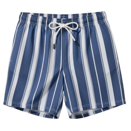 Experience comfort and style with these men's swim trunks featuring a classic vertical stripe pattern in blue, green, and white. Perfect for beach days and poolside lounging.の素材