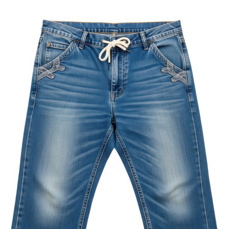 Explore these fashionable blue denim jeans, featuring a comfortable drawstring waist, meticulously crafted pockets with embroidered details, and a vintage wash for a classic look.の素材