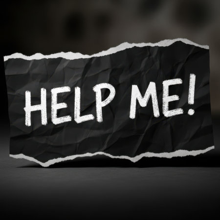 A crumpled piece of black paper with the words HELP ME scrawled in white ink, conveying a desperate plea.の素材