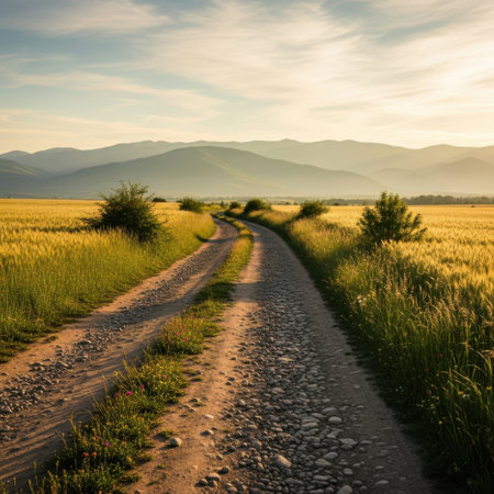 A rustic dirt road winds through sun-drenched fields of grain, leading towards a hazy mountain range under a warm evening sky.の素材
