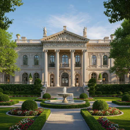 A majestic neoclassical building with a central fountain and manicured gardens under a clear blue sky.の素材