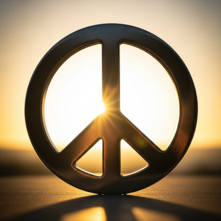 A classic peace sign stands silhouetted against a vibrant sunset, casting warm golden light through its iconic design.の素材