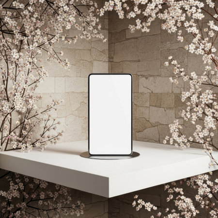 A digital display with a blank screen rests on a white shelf, framed by soft, blooming branches and a textured wall.の素材