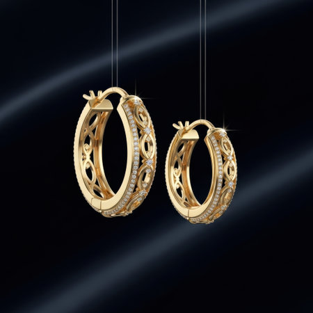 A pair of stunning gold hoop earrings featuring delicate openwork and a polished finish, suspended against a dark background.の素材
