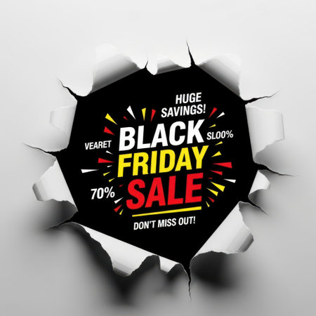 A vibrant Black Friday sale graphic bursting through a torn paper background, highlighting significant discounts and limited-time offers.の素材