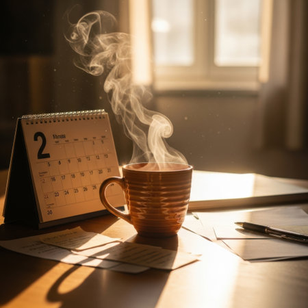 A warm mug of coffee emits steam next to a desk calendar bathed in soft morning light, suggesting a productive start to the day.の素材