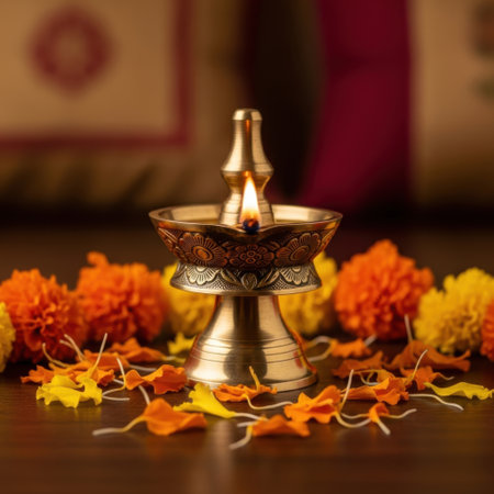 A beautifully crafted brass oil lamp glows warmly, surrounded by a colorful arrangement of marigold and other floral elements.の素材