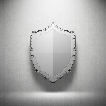 A stark white shield with a distressed edge is presented against a textured backdrop, bathed in dramatic spotlight illumination.の素材