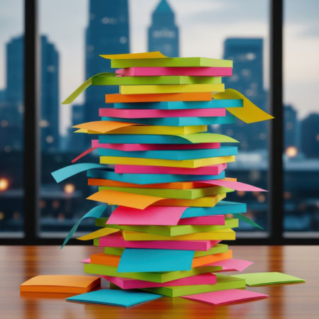 A vibrant tower of assorted sticky notes sits on a desk, with a blurred cityscape visible through a large window.の素材