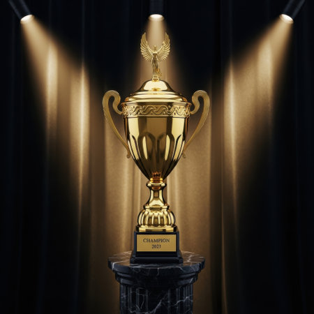 A gleaming golden trophy stands proudly on a dark pedestal, bathed in the glow of powerful spotlights, symbolizing achievement and victory.の素材
