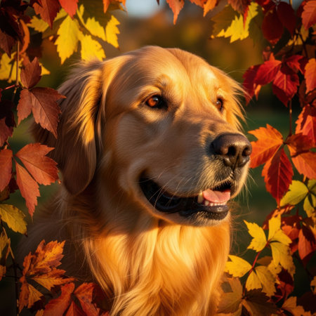 A beautiful Golden Retriever poses amidst a colorful display of fall leaves, showcasing its warm coat and happy expression.の素材