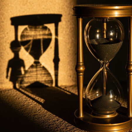 An hourglass with sand flowing casts a shadow of a child, representing the fleeting nature of youth and time.の素材