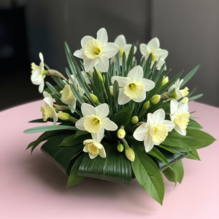 A close-up view of a floral arrangement featuring delicate white daffodils with yellow centers, presented on a pink surface.の素材