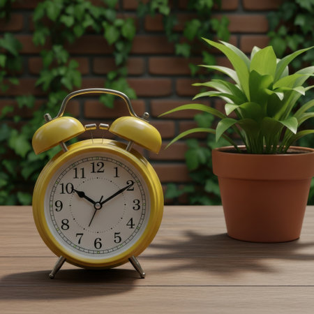 A classic yellow twin-bell alarm clock rests on a wooden table next to a vibrant green plant in a terracotta pot.の素材