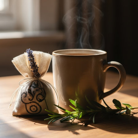 A warm mug of steaming tea sits beside a decorative sachet and a sprig of fresh rosemary, bathed in soft light.の素材
