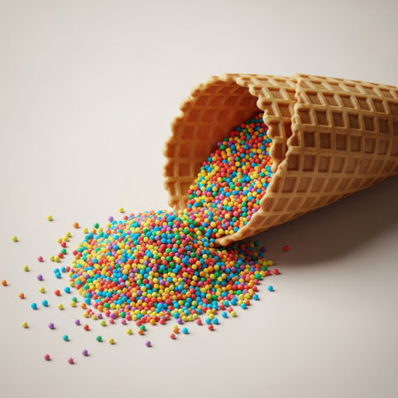 A close-up view of a waffle cone tipped over, scattering a vibrant assortment of tiny, colorful sugar sprinkles across a neutral surface.の素材