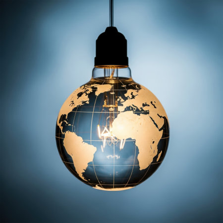 A unique light bulb designed as a globe, showcasing continents and emitting a warm, bright glow against a textured background.の素材