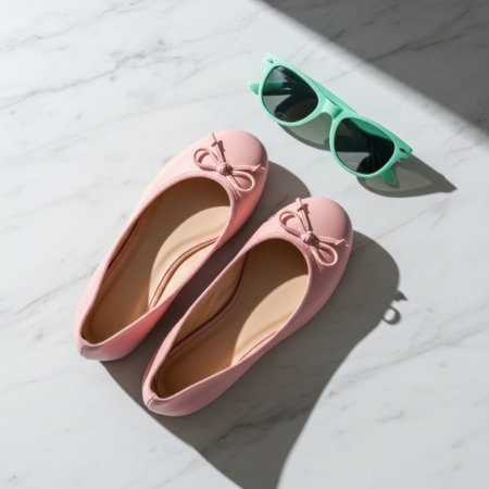 A pair of elegant pink ballet flats with bows sits next to trendy mint green sunglasses, casting shadows on a bright, textured surface.の素材
