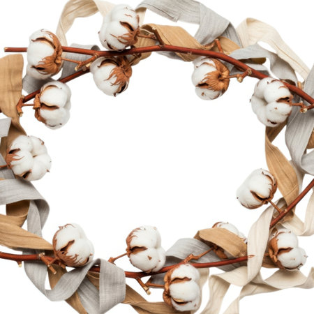 A charming rustic wreath crafted from natural cotton bolls, interwoven with twigs and adorned with flowing ribbons. Perfect for adding a touch of farmhouse elegance to any space.の素材