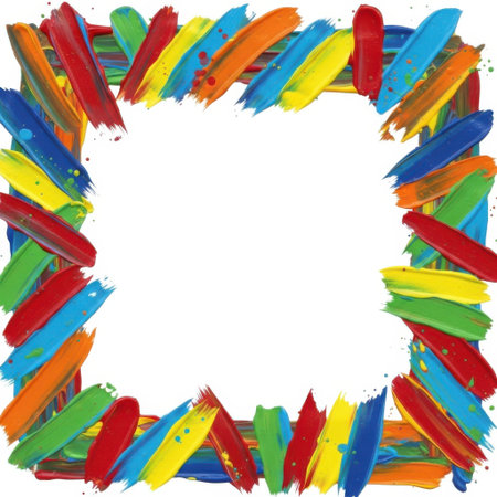 A lively square frame composed of energetic, multicolored paint brush strokes. Perfect for adding a playful and artistic touch to any creative project or design element.の素材