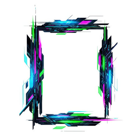 Dynamic glitch art frame featuring vibrant neon hues of blue, pink, and purple, creating an energetic, futuristic border effect for creative projects and digital designs.の素材