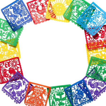 A circular arrangement of brightly colored Papel Picado banners creates a lively and festive border. These traditional Mexican paper crafts feature intricate cut-out designs, perfect for celebrations and cultural events.の素材