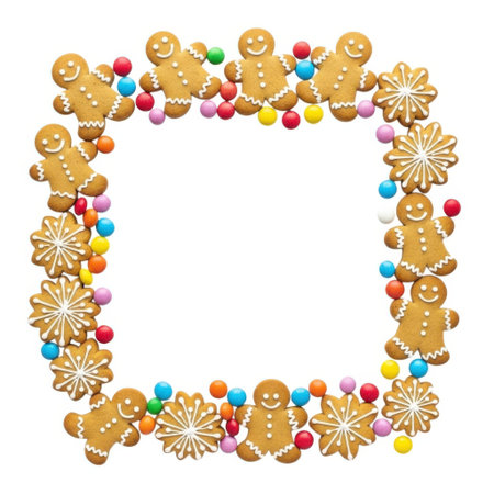 A delightful square frame composed of gingerbread men, ornate snowflake cookies, and vibrant, scattered candies. Perfect for adding a sweet and cheerful touch to seasonal greetings, invitations, and decorations.の素材