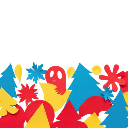 A vibrant and colorful border composed of assorted festive shapes like Christmas trees snowflakes and abstract elements creating a playful and celebratory atmosphere for your creative projects.の素材