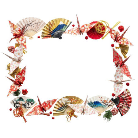 A vibrant border design featuring traditional Japanese fans, origami cranes, and floral elements creating an elegant frame for your photos or text. Perfect for cultural events.の素材