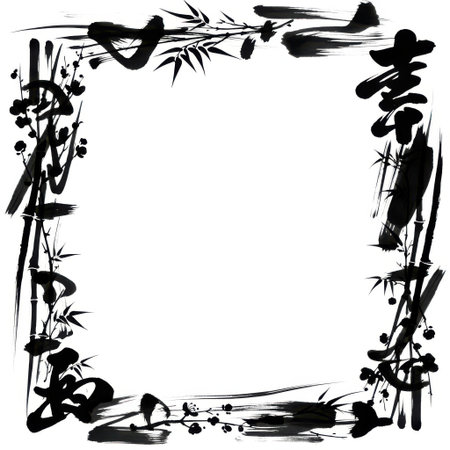 A square border crafted with dynamic black ink brush strokes. Features delicate bamboo shoots and subtle floral motifs, evoking traditional East Asian artistry and natural beauty.の素材