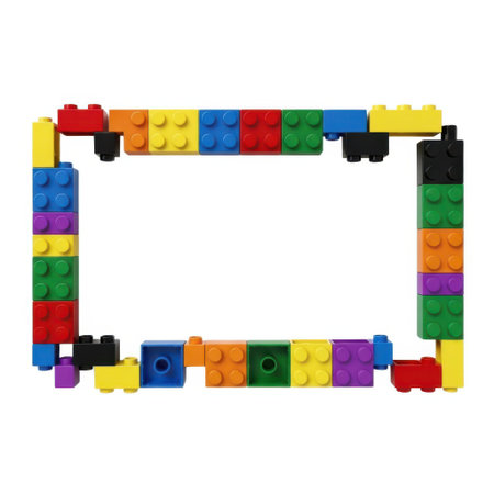 A vibrant frame crafted from interlocking building blocks in various colors. This playful border is perfect for adding a fun and educational element to designs, invitations, or educational materials.の素材