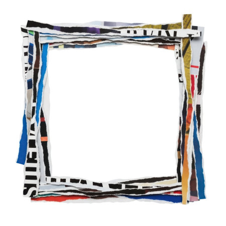 A vibrant and unique border composed of torn paper strips featuring bold patterns and bright colors. This abstract, textured frame creates a dynamic and artistic visual element perfect for creative projects.の素材