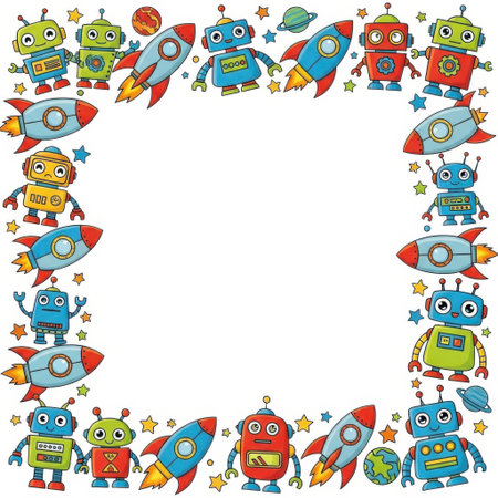 A fun and colorful square border featuring charming cartoon robots and classic rockets, perfect for adding a touch of playful adventure to invitations, crafts, and stationery.の素材