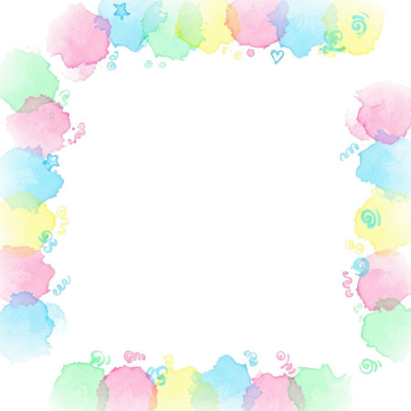 A charming square border made of soft, blended watercolor blobs in pastel shades of pink, blue, green, and yellow. Perfect for adding a gentle, artistic touch to invitations and designs.の素材
