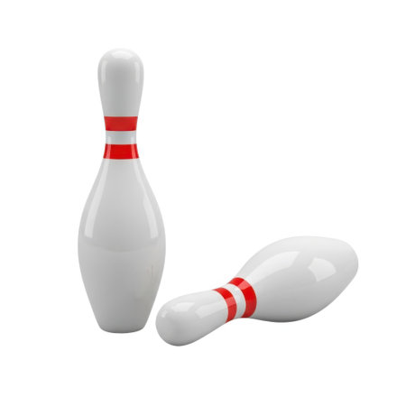 Two bowling pins, one standing tall and the other toppled, are showcased against a bright white backdrop. The pins feature classic red and yellow bands, ready for the next game.の素材