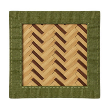 A square textile features a central herringbone pattern with brown and beige elements, framed by a textured green border, showcasing intricate woven detail.の素材