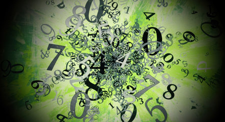 A dynamic, abstract composition featuring a chaotic swirl of various numbers and digits in black, set against a luminous green and dark background.の素材