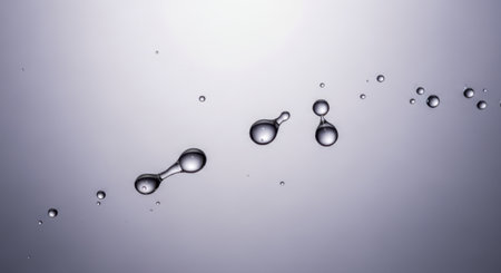 Close up of clear water droplets suspended and splashing in a dynamic fluid motion against a soft, gradient background.の素材